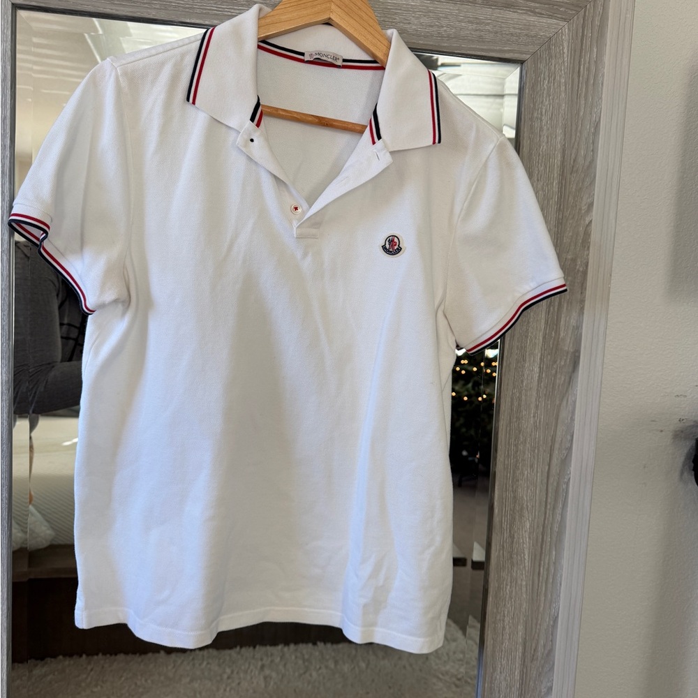 Moncler White Polo Shirt with Black and Red Trim